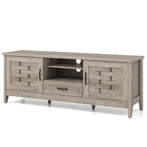 Farmhouse TV Stand for 65 Inch TVs with 2 Woven Accent Doors and 3 Adjustable Shelves-Oak