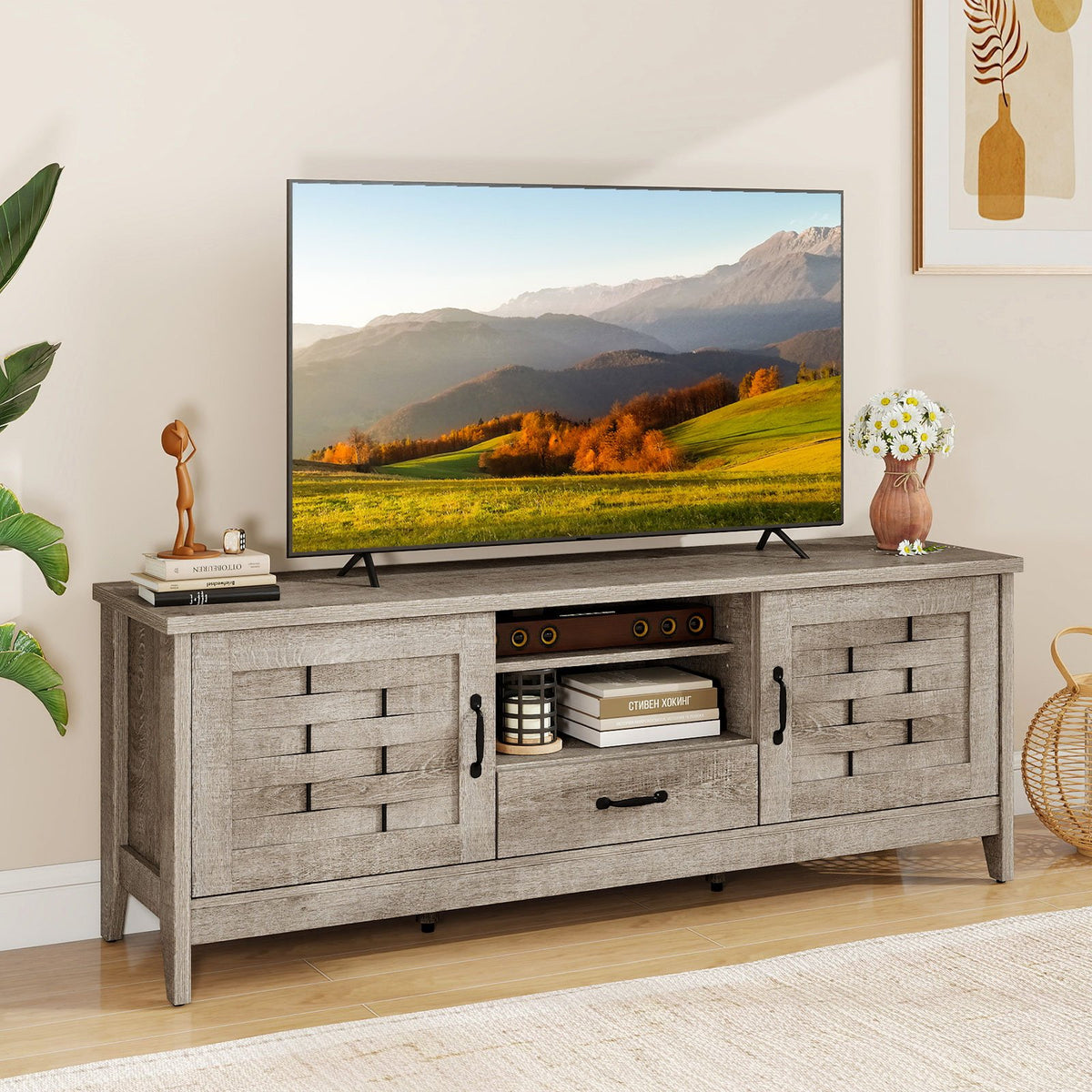 Farmhouse TV Stand for 65 Inch TVs with 2 Woven Accent Doors and 3 Adjustable Shelves-Oak view 2