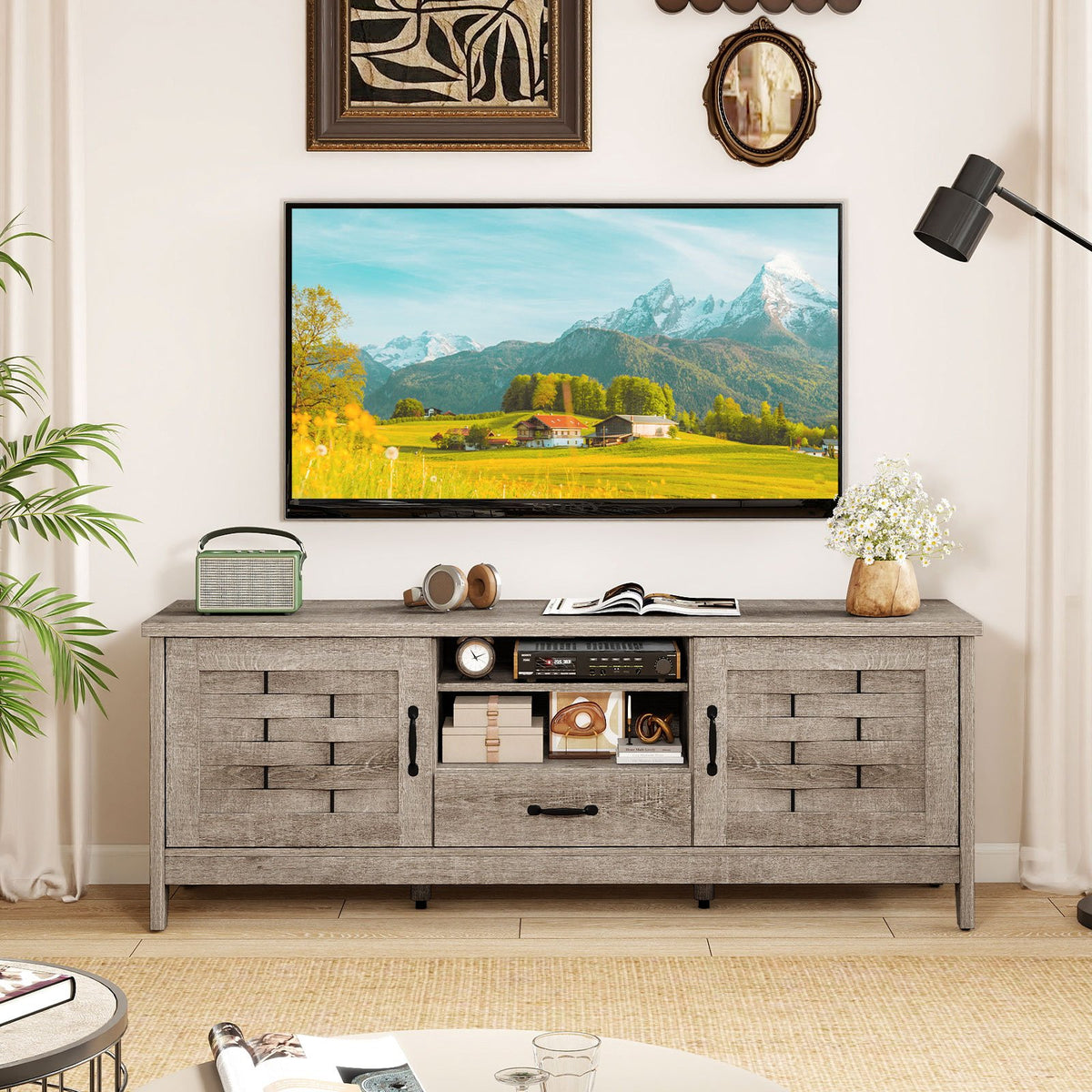 Farmhouse TV Stand for 65 Inch TVs with 2 Woven Accent Doors and 3 Adjustable Shelves-Oak view 3