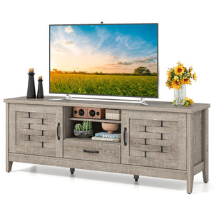 Farmhouse TV Stand for 65 Inch TVs with 2 Woven Accent Doors and 3 Adjustable Shelves-Oak view 4
