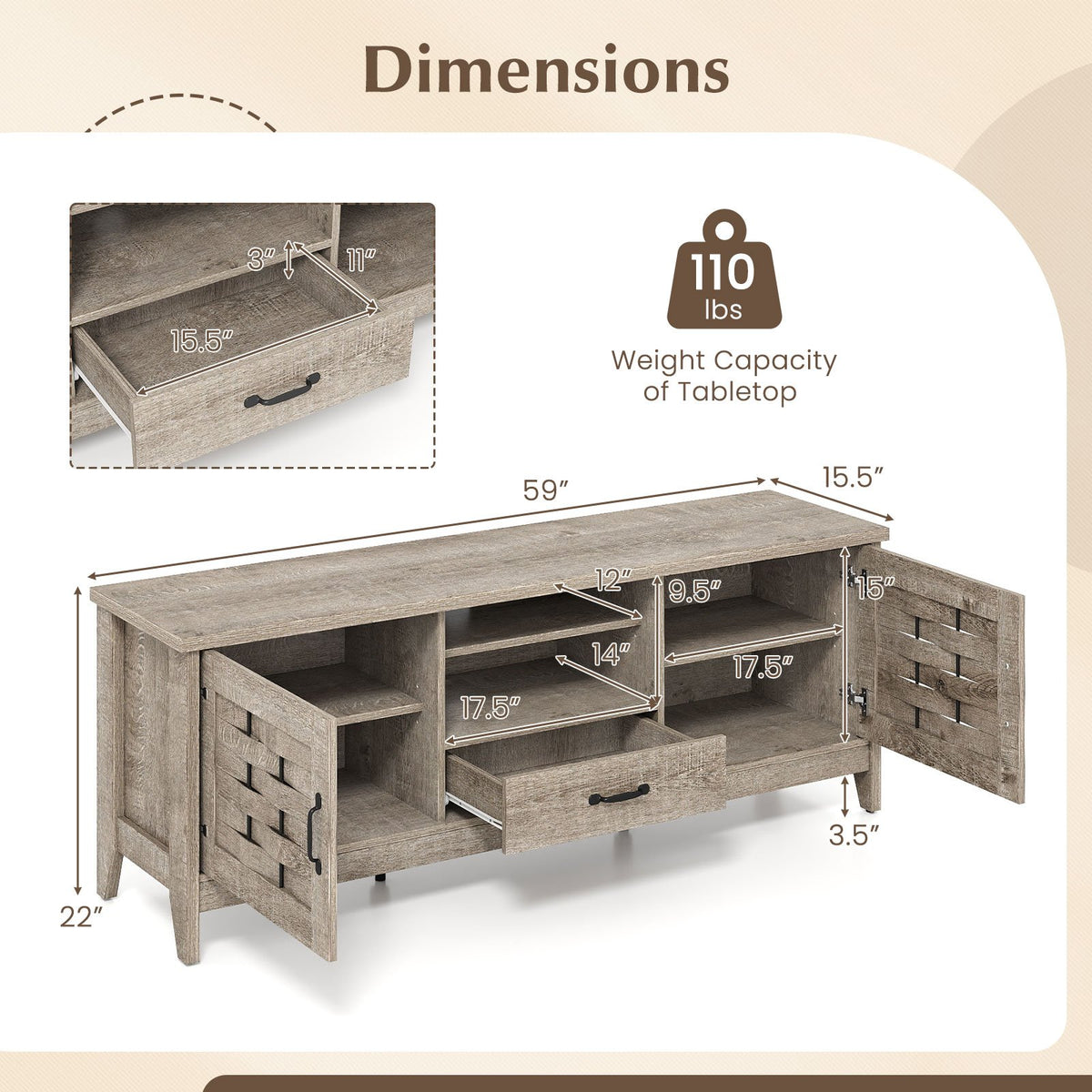 Farmhouse TV Stand for 65 Inch TVs with 2 Woven Accent Doors and 3 Adjustable Shelves-Oak view 5