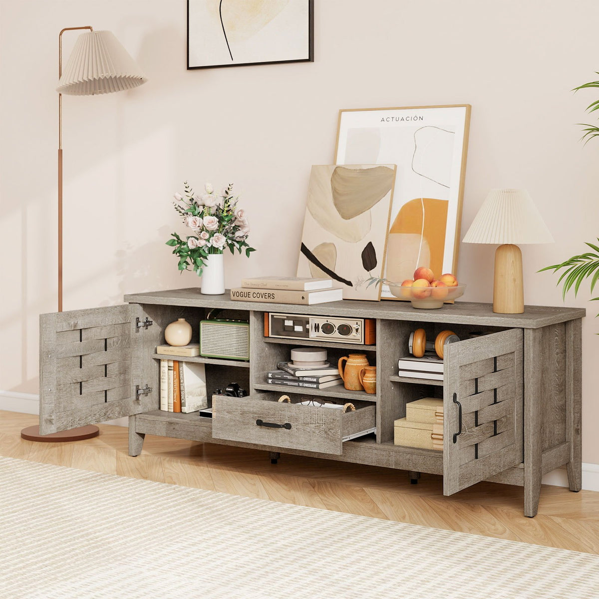 Farmhouse TV Stand for 65 Inch TVs with 2 Woven Accent Doors and 3 Adjustable Shelves-Oak view 6