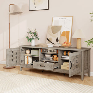Farmhouse TV Stand for 65 Inch TVs with 2 Woven Accent Doors and 3 Adjustable Shelves-Oak view 6