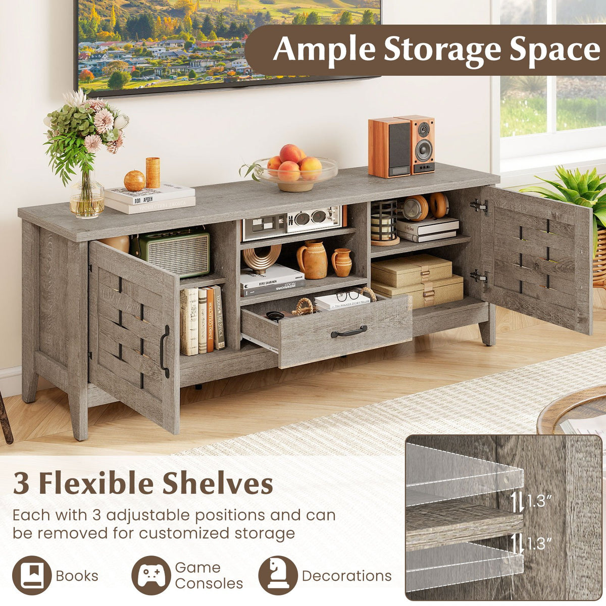 Farmhouse TV Stand for 65 Inch TVs with 2 Woven Accent Doors and 3 Adjustable Shelves-Oak view 7