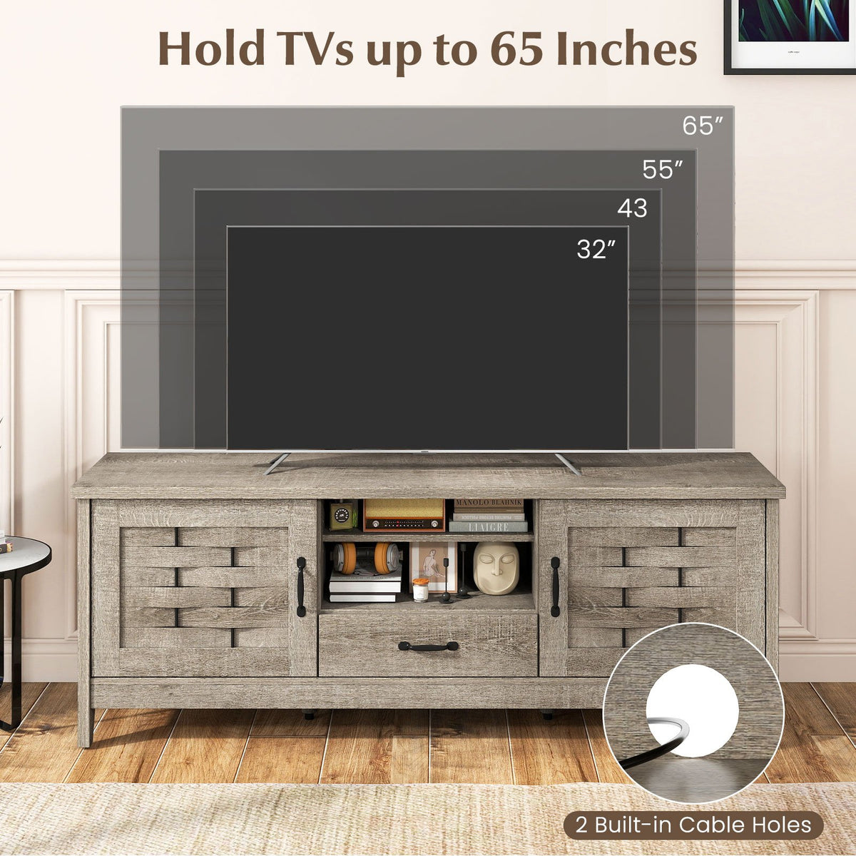 Farmhouse TV Stand for 65 Inch TVs with 2 Woven Accent Doors and 3 Adjustable Shelves-Oak view 8