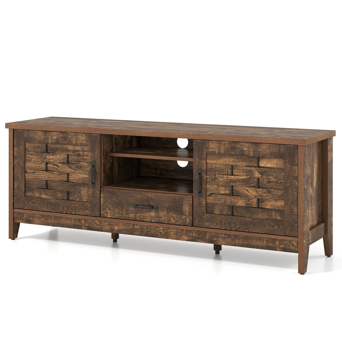 Farmhouse TV Stand for 65 Inch TVs with 2 Woven Accent Doors and 3 Adjustable Shelves-Rustic Brown