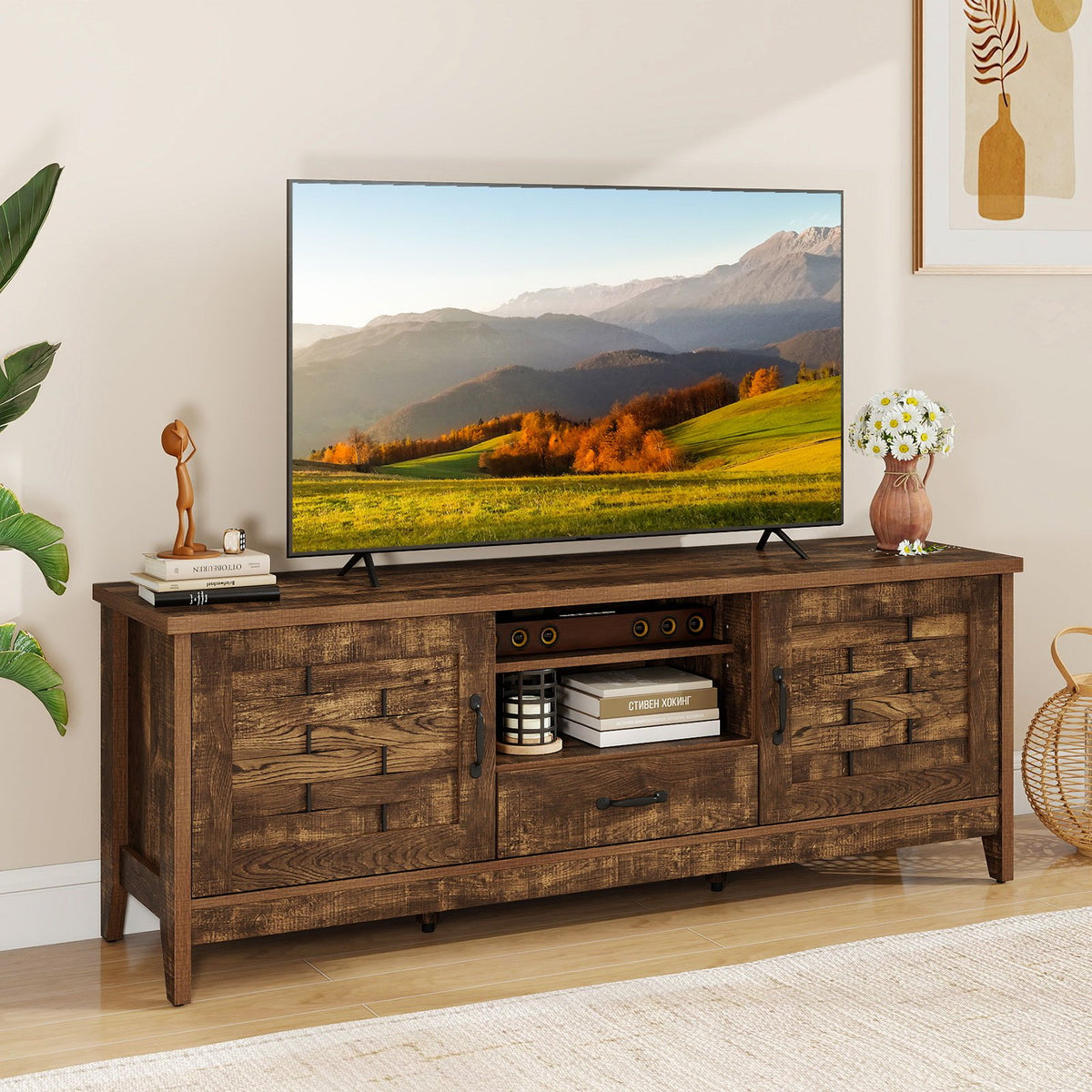 Farmhouse TV Stand for 65 Inch TVs with 2 Woven Accent Doors and 3 Adjustable Shelves-Rustic Brown view 2