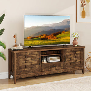 Farmhouse TV Stand for 65 Inch TVs with 2 Woven Accent Doors and 3 Adjustable Shelves-Rustic Brown view 2