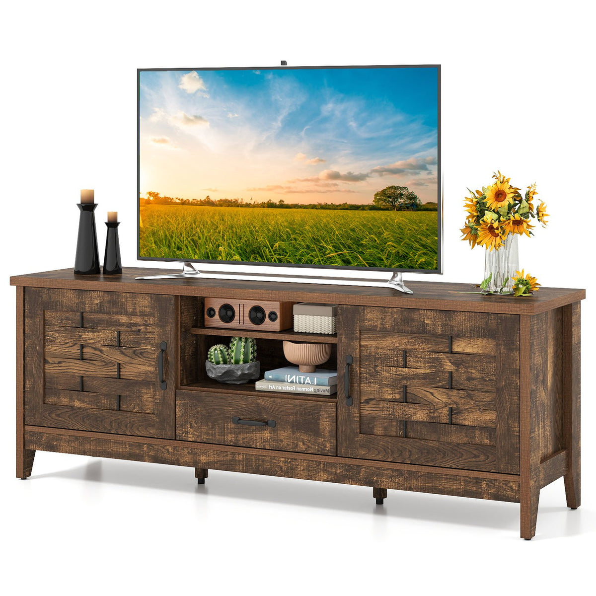 Farmhouse TV Stand for 65 Inch TVs with 2 Woven Accent Doors and 3 Adjustable Shelves-Rustic Brown view 4