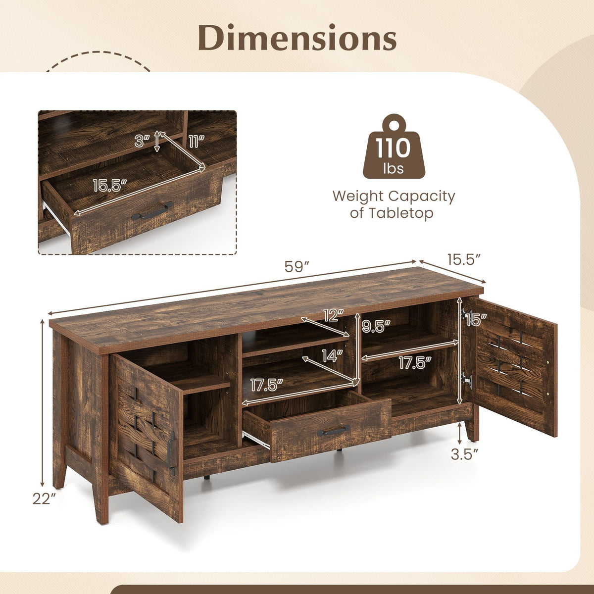 Farmhouse TV Stand for 65 Inch TVs with 2 Woven Accent Doors and 3 Adjustable Shelves-Rustic Brown view 5