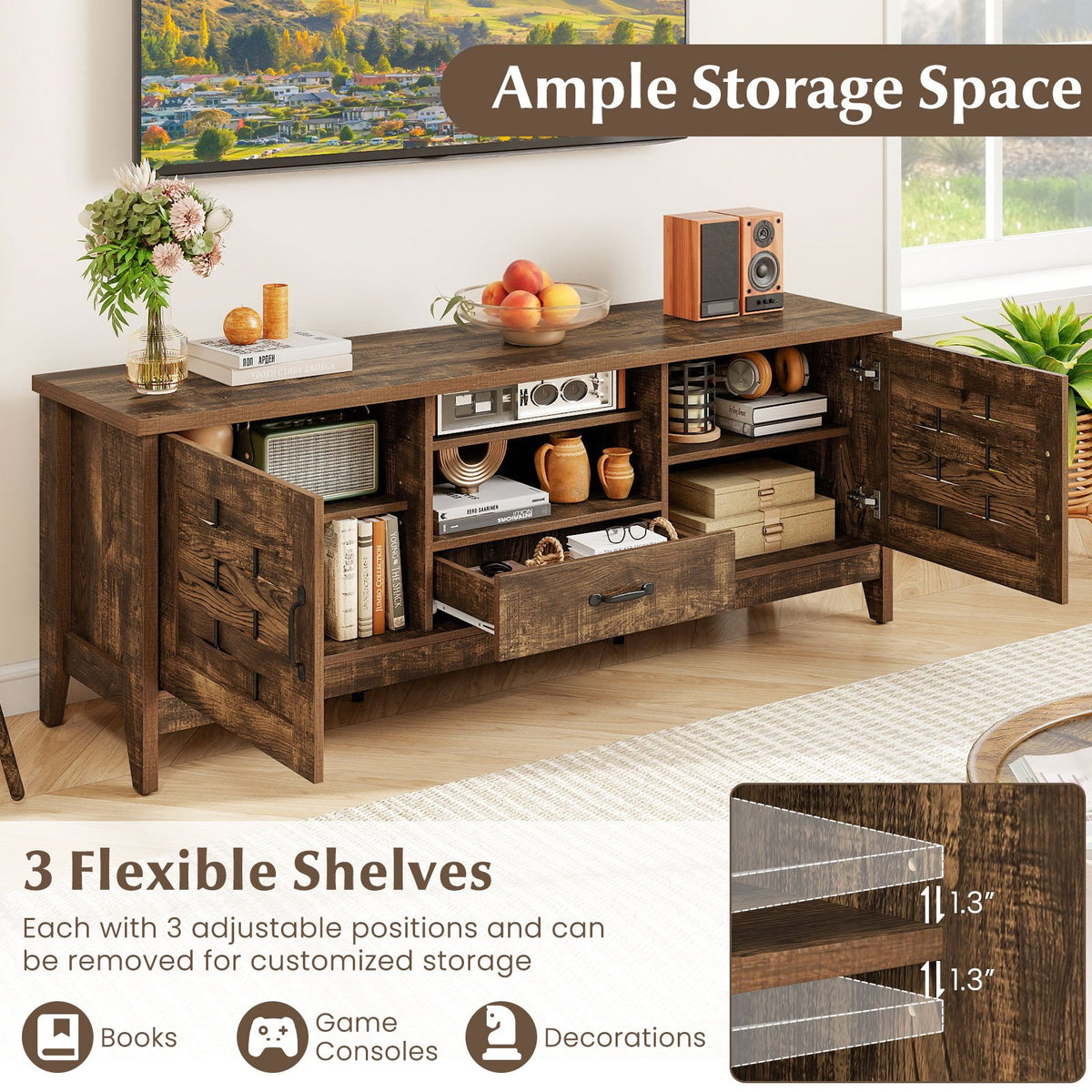 Farmhouse TV Stand for 65 Inch TVs with 2 Woven Accent Doors and 3 Adjustable Shelves-Rustic Brown view 6