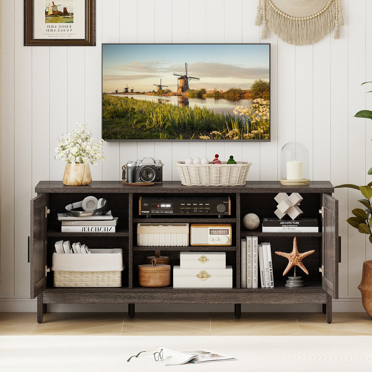 Farmhouse TV Stand for TVs up to 65 Inch Entertainment Center with 2 Storage Cabinets-Gray view 3