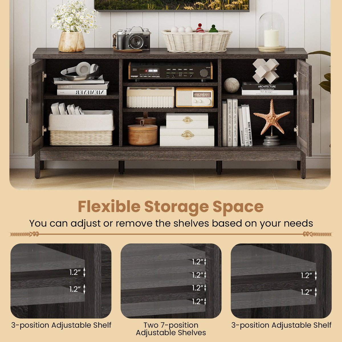 Farmhouse TV Stand for TVs up to 65 Inch Entertainment Center with 2 Storage Cabinets-Gray view 8