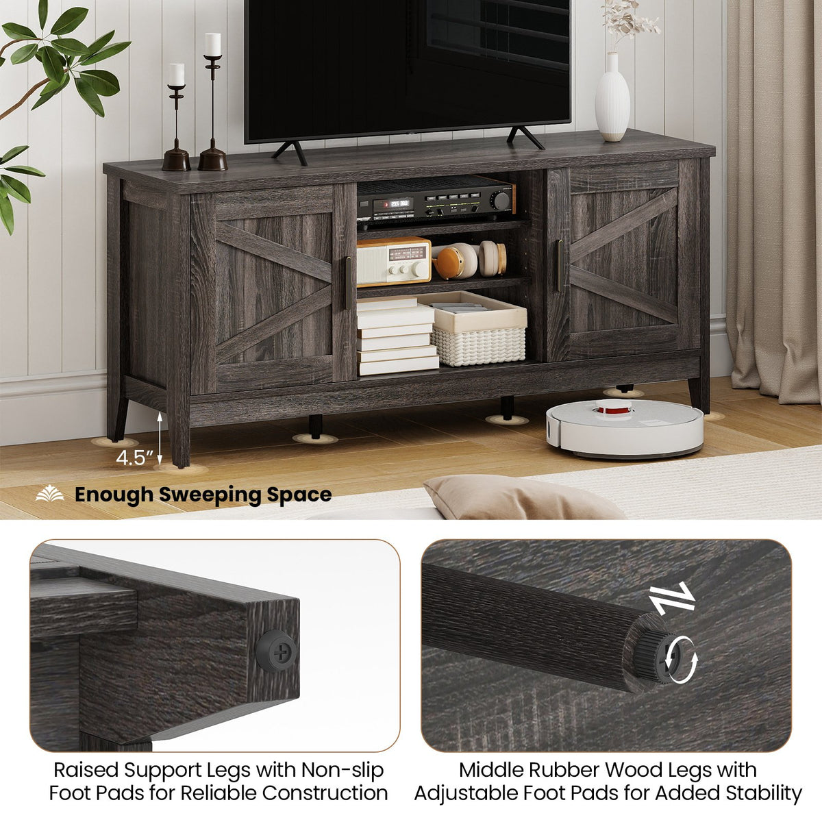 Farmhouse TV Stand for TVs up to 65 Inch Entertainment Center with 2 Storage Cabinets-Gray view 9