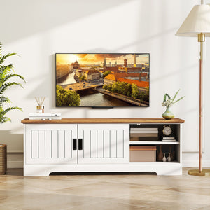 Farmhouse TV Stand for TVs up to 65 Inch with Sliding Doors and Storage Cabinets-White view 2