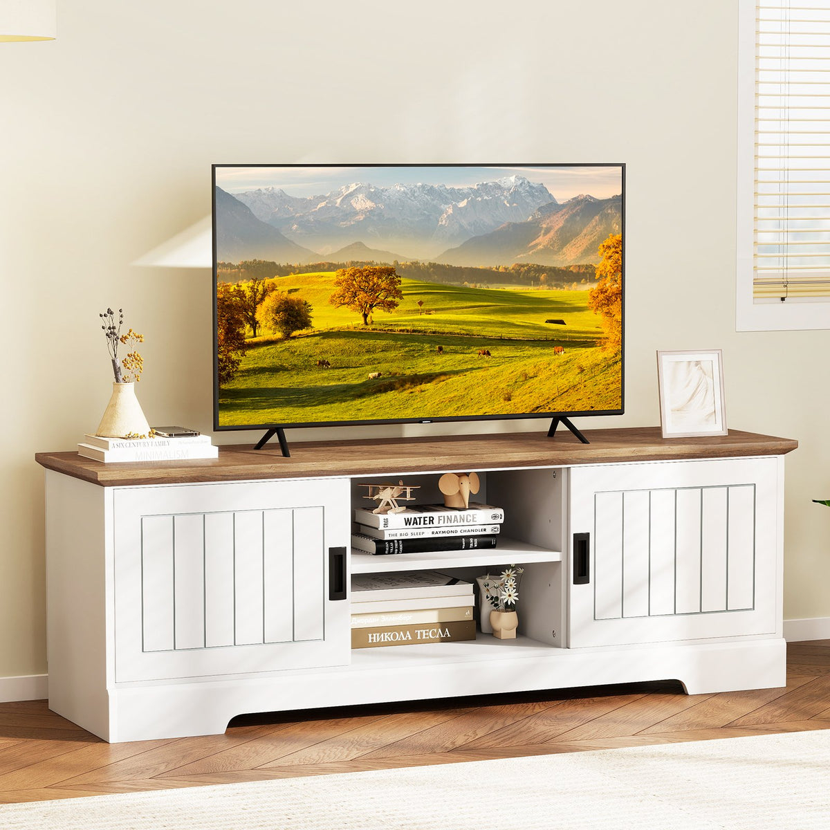 Farmhouse TV Stand for TVs up to 65 Inch with Sliding Doors and Storage Cabinets-White view 3
