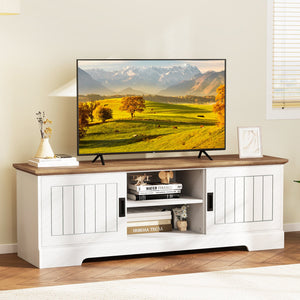 Farmhouse TV Stand for TVs up to 65 Inch with Sliding Doors and Storage Cabinets-White view 3
