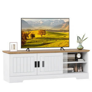 Farmhouse TV Stand for TVs up to 65 Inch with Sliding Doors and Storage Cabinets-White view 4