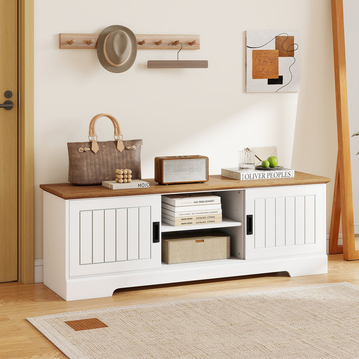 Farmhouse TV Stand for TVs up to 65 Inch with Sliding Doors and Storage Cabinets-White view 6