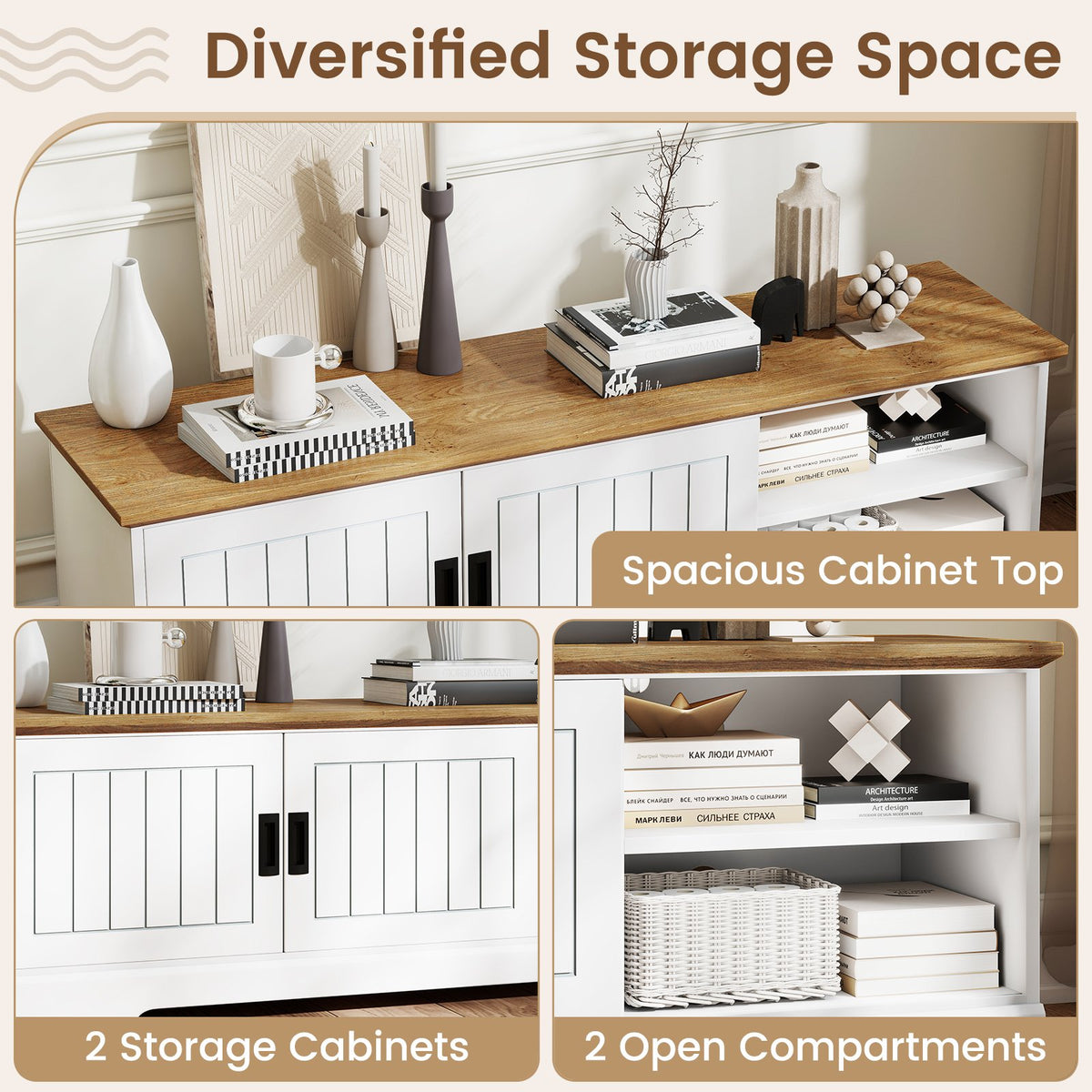 Farmhouse TV Stand for TVs up to 65 Inch with Sliding Doors and Storage Cabinets-White view 7