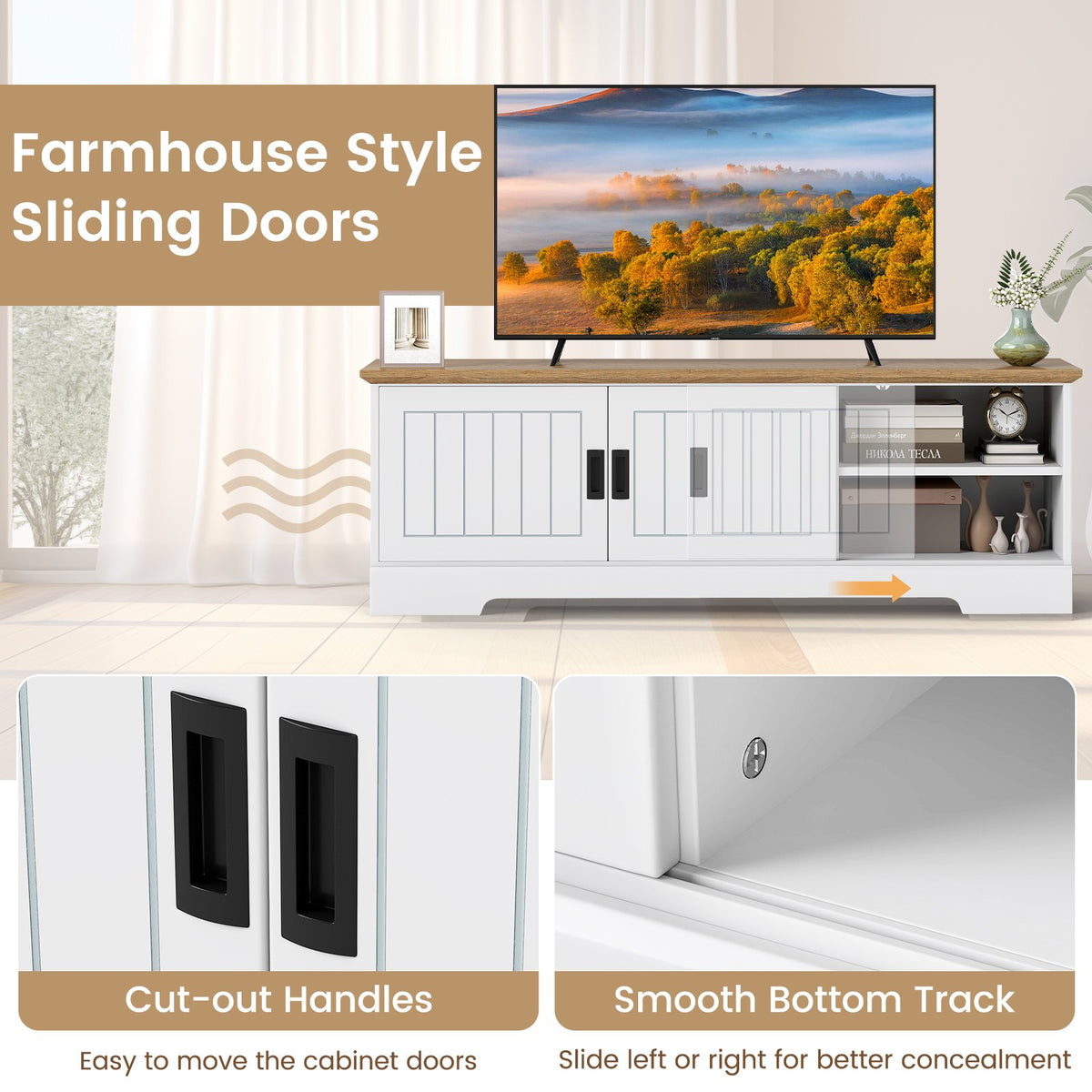 Farmhouse TV Stand for TVs up to 65 Inch with Sliding Doors and Storage Cabinets-White view 8