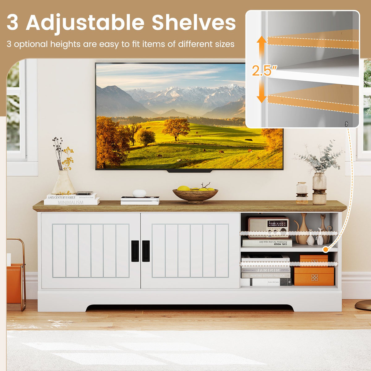 Farmhouse TV Stand for TVs up to 65 Inch with Sliding Doors and Storage Cabinets-White view 9