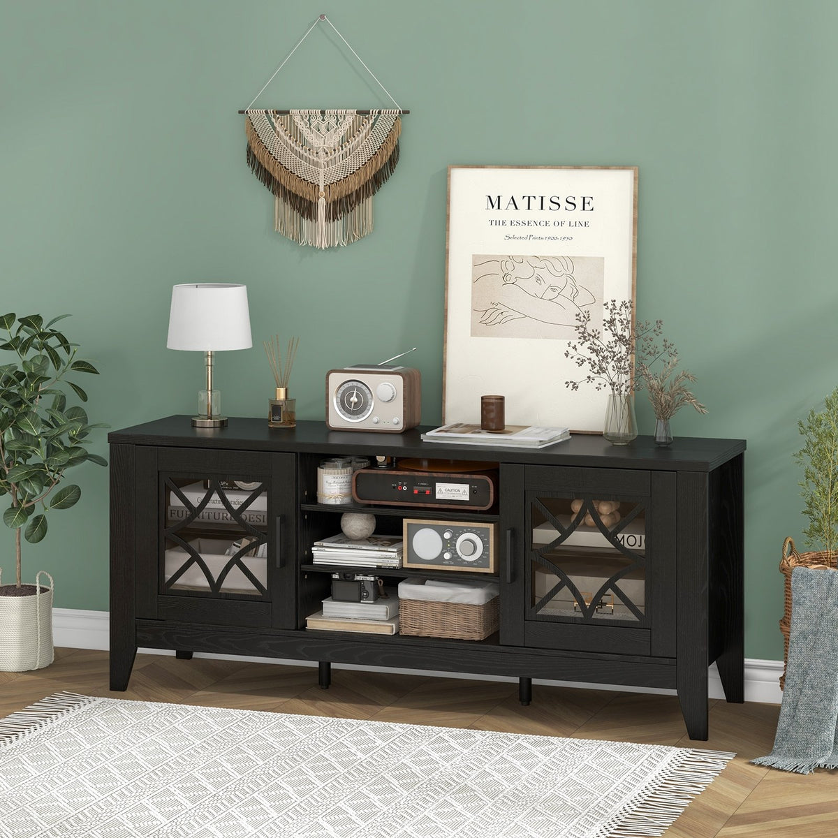 Farmhouse TV Stand for TVs Up to 65 Inches 4 Adjustable Shelves-Black view 2