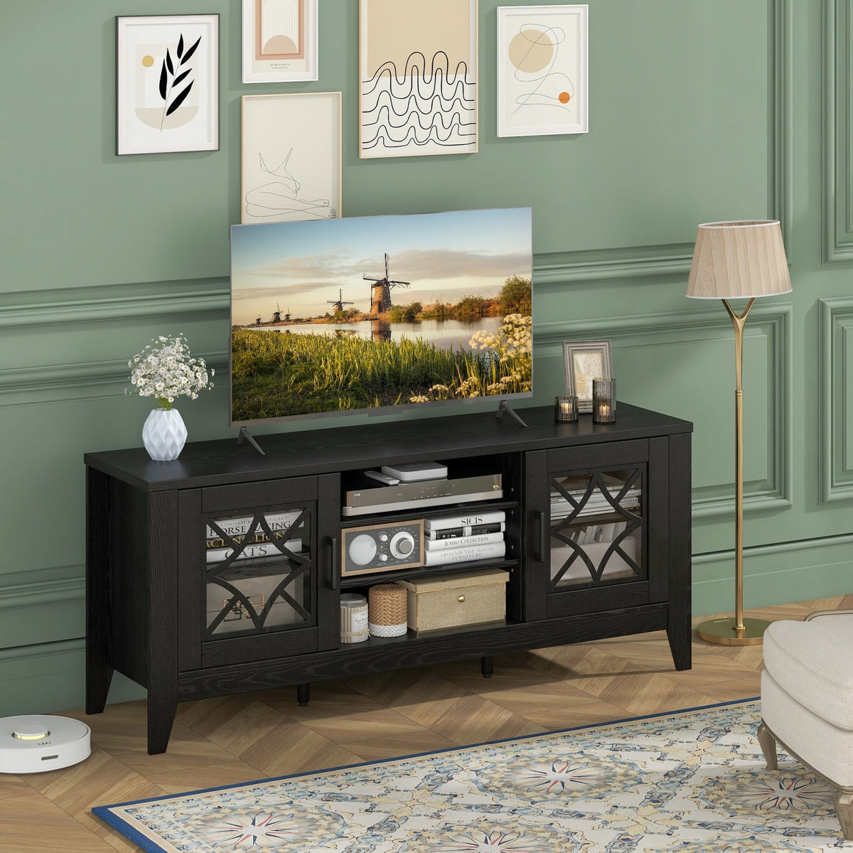Farmhouse TV Stand for TVs Up to 65 Inches 4 Adjustable Shelves-Black view 3