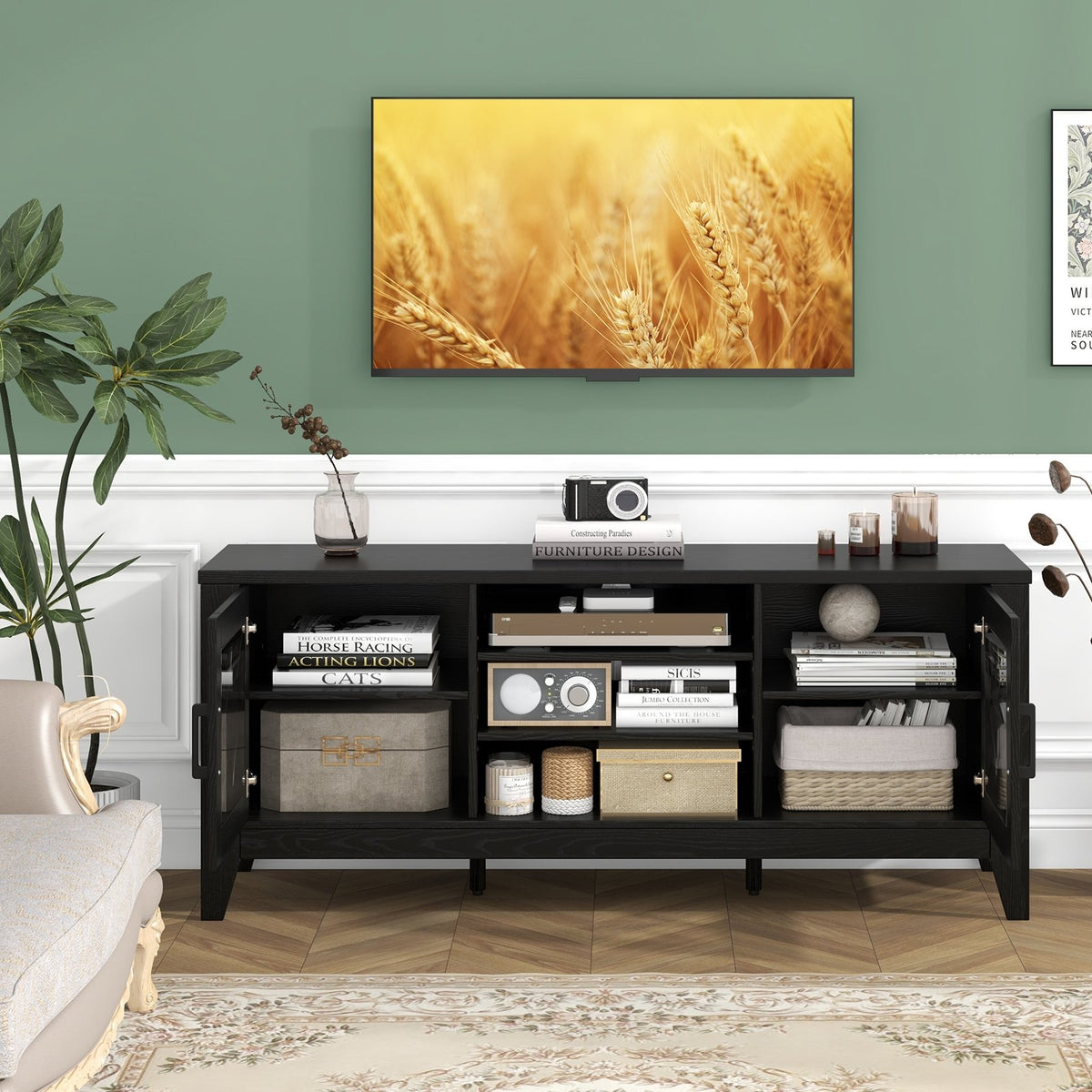 Farmhouse TV Stand for TVs Up to 65 Inches 4 Adjustable Shelves-Black view 6