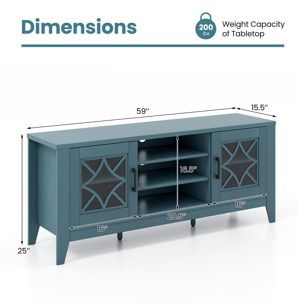 Farmhouse TV Stand for TVs Up to 65 Inches 4 Adjustable Shelves-Teal Blue view 5