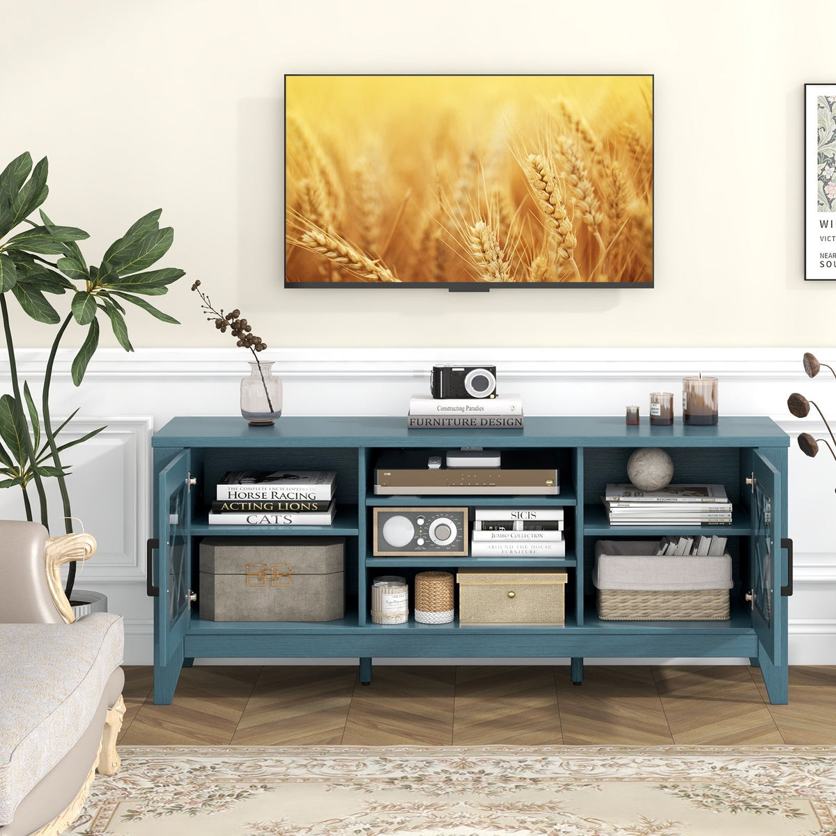 Farmhouse TV Stand for TVs Up to 65 Inches 4 Adjustable Shelves-Teal Blue view 6