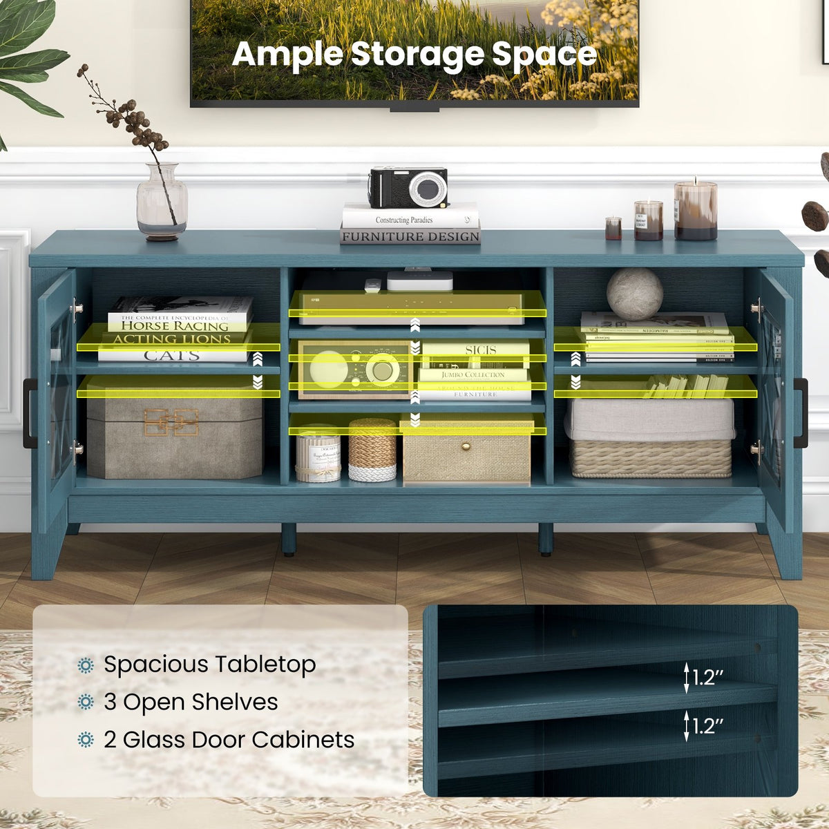 Farmhouse TV Stand for TVs Up to 65 Inches 4 Adjustable Shelves-Teal Blue view 7