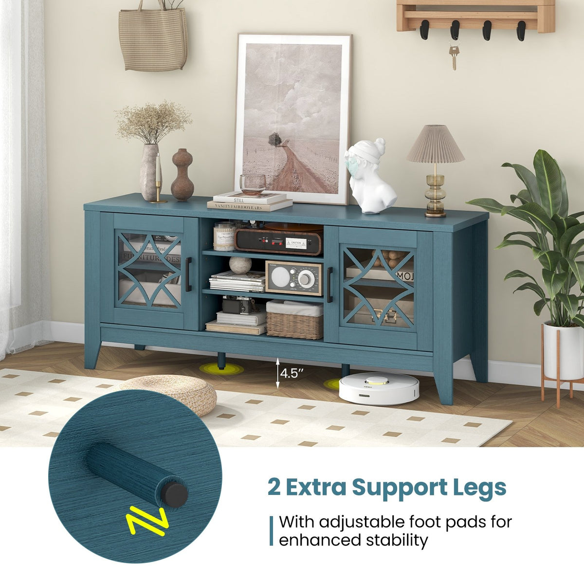 Farmhouse TV Stand for TVs Up to 65 Inches 4 Adjustable Shelves-Teal Blue view 9