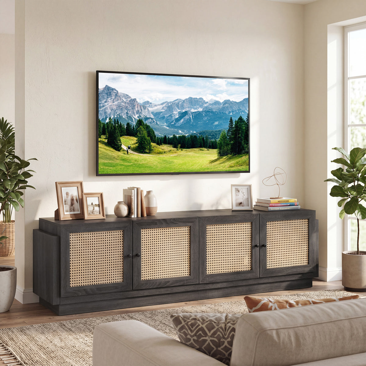 Farmhouse TV Stand for TVs up to 75 Inches with 2 Cabinets-Black view 2