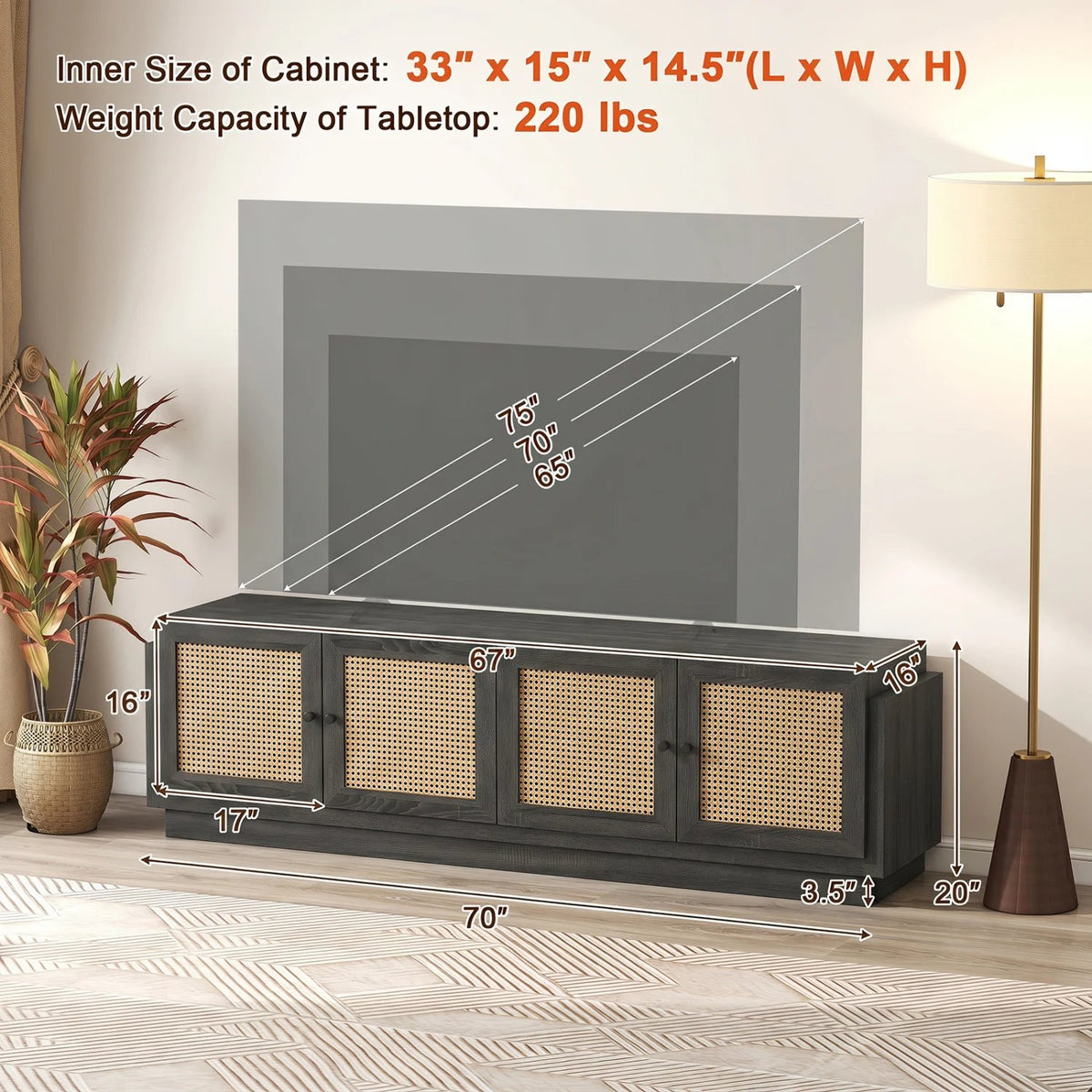 Farmhouse TV Stand for TVs up to 75 Inches with 2 Cabinets-Black view 5