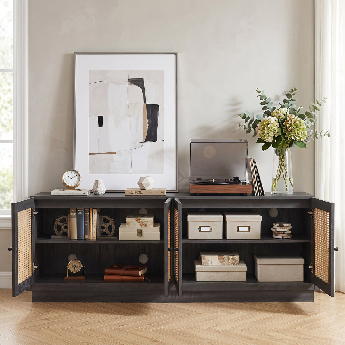 Farmhouse TV Stand for TVs up to 75 Inches with 2 Cabinets-Black view 6