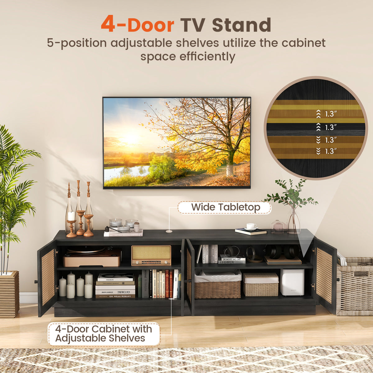 Farmhouse TV Stand for TVs up to 75 Inches with 2 Cabinets-Black view 8