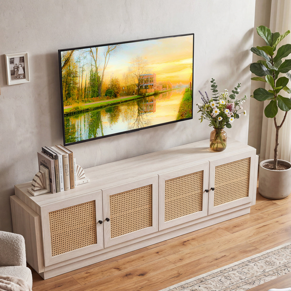 Farmhouse TV Stand for TVs up to 75 Inches with 2 Cabinets-White view 3