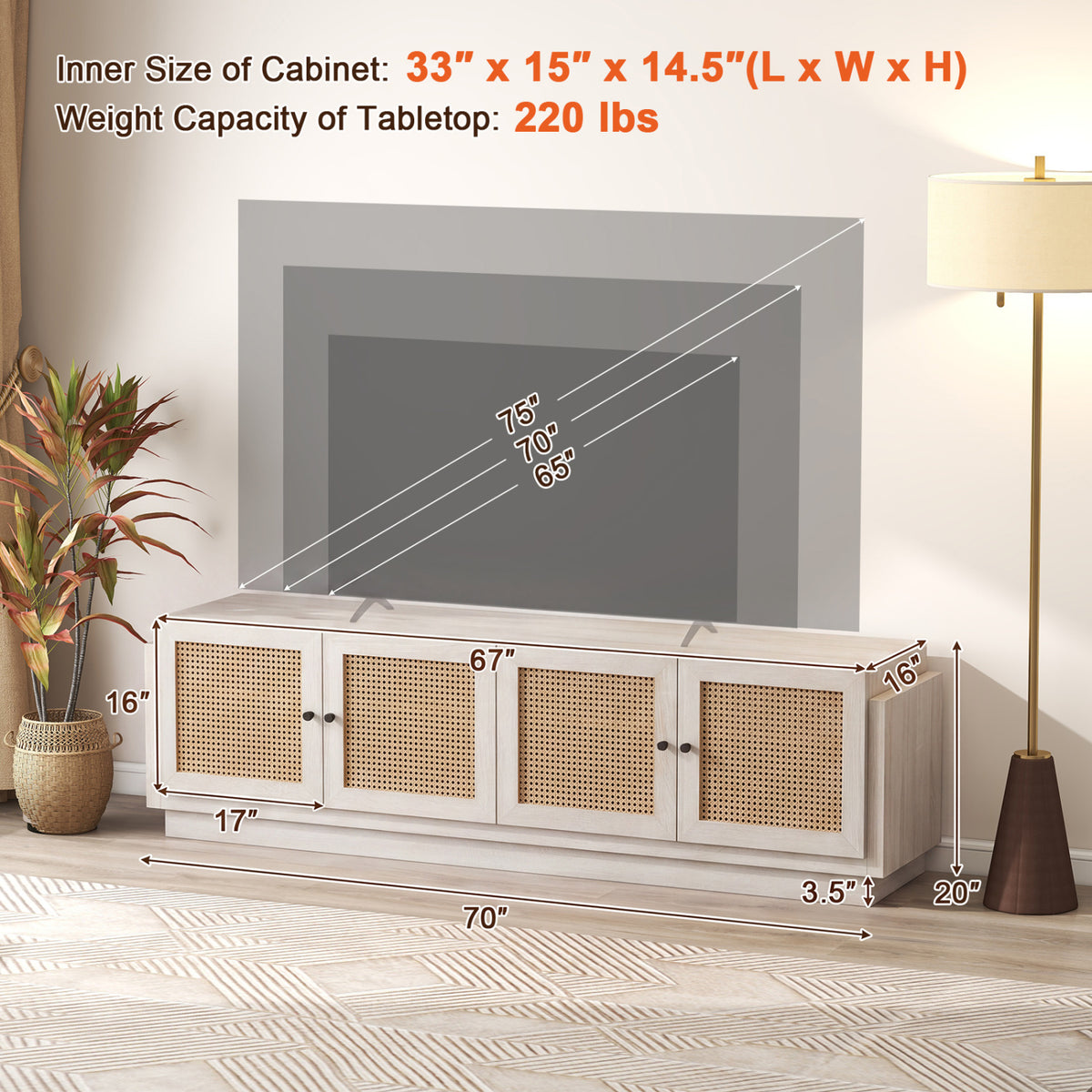 Farmhouse TV Stand for TVs up to 75 Inches with 2 Cabinets-White view 5