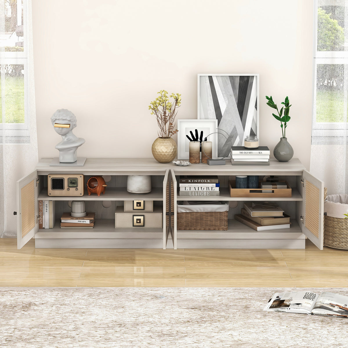 Farmhouse TV Stand for TVs up to 75 Inches with 2 Cabinets-White view 6