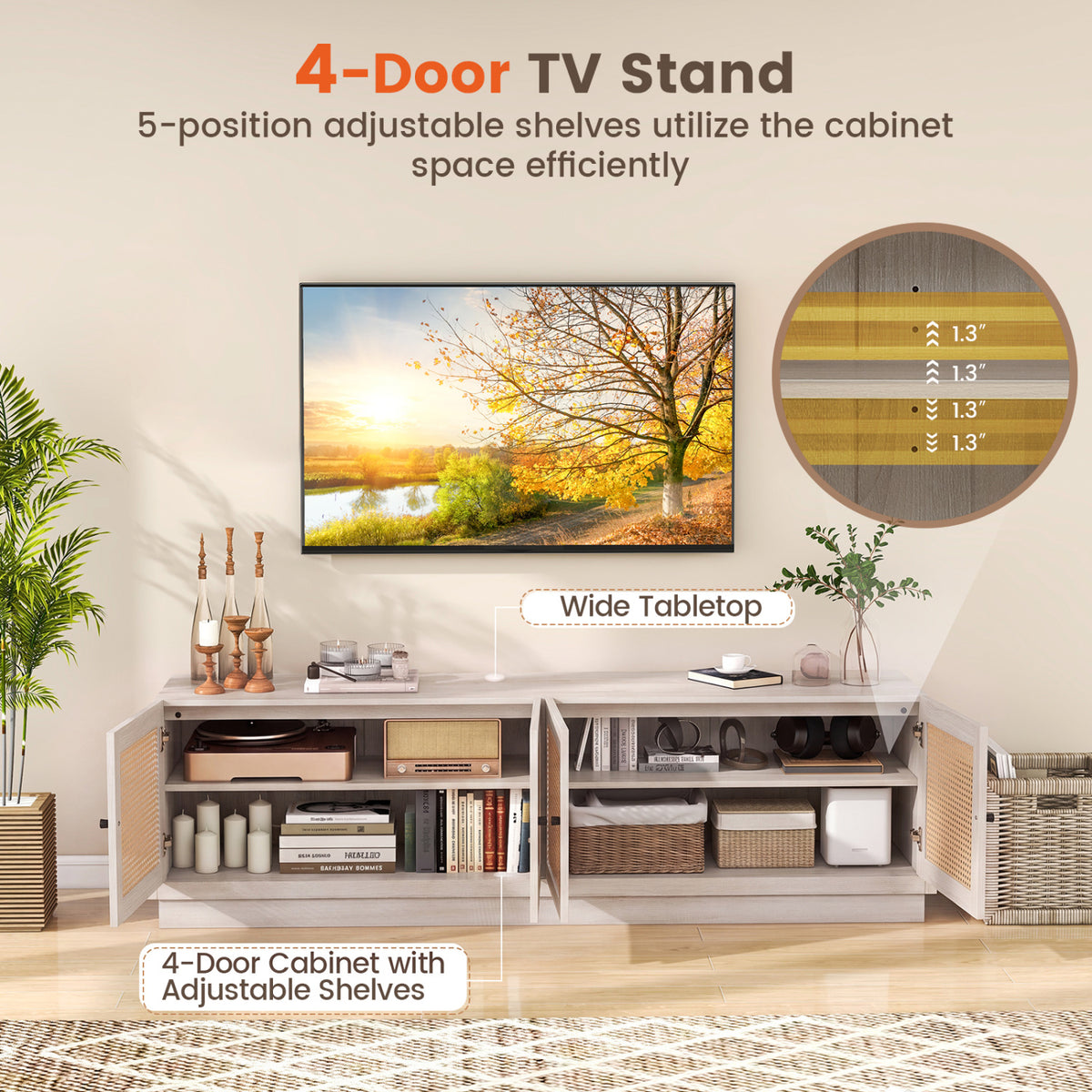 Farmhouse TV Stand for TVs up to 75 Inches with 2 Cabinets-White view 8