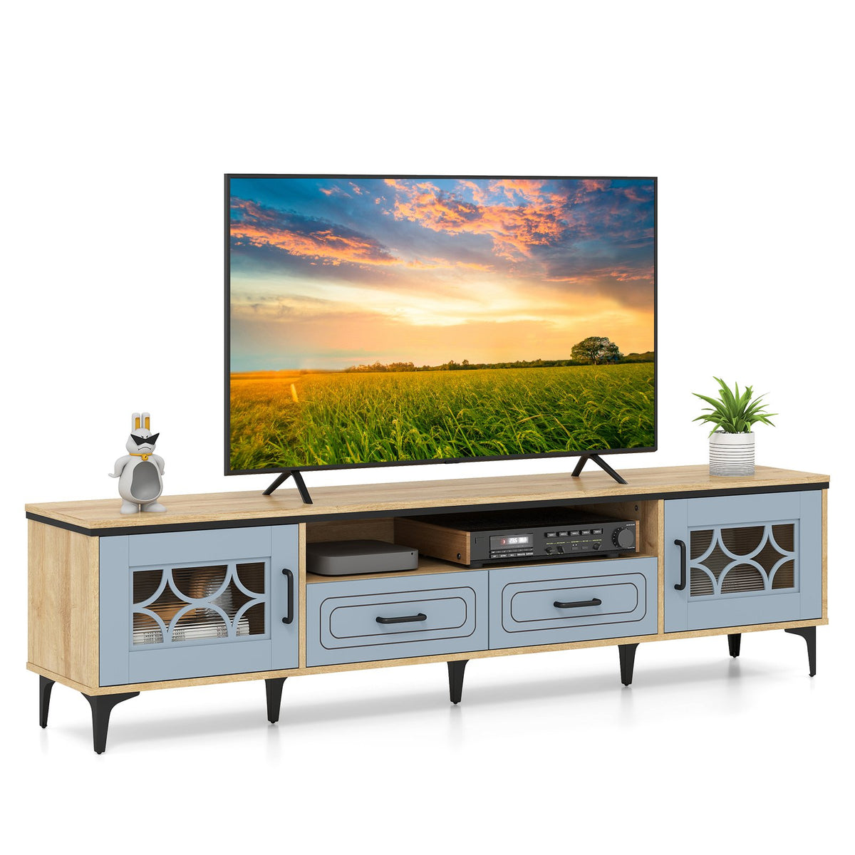 Farmhouse TV Stand for TVs up to 80 Inch with 2 Drawers-Oak and Gray