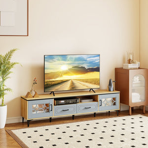 Farmhouse TV Stand for TVs up to 80 Inch with 2 Drawers-Oak and Gray view 2