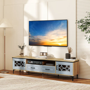 Farmhouse TV Stand for TVs up to 80 Inch with 2 Drawers-Oak and Gray view 3