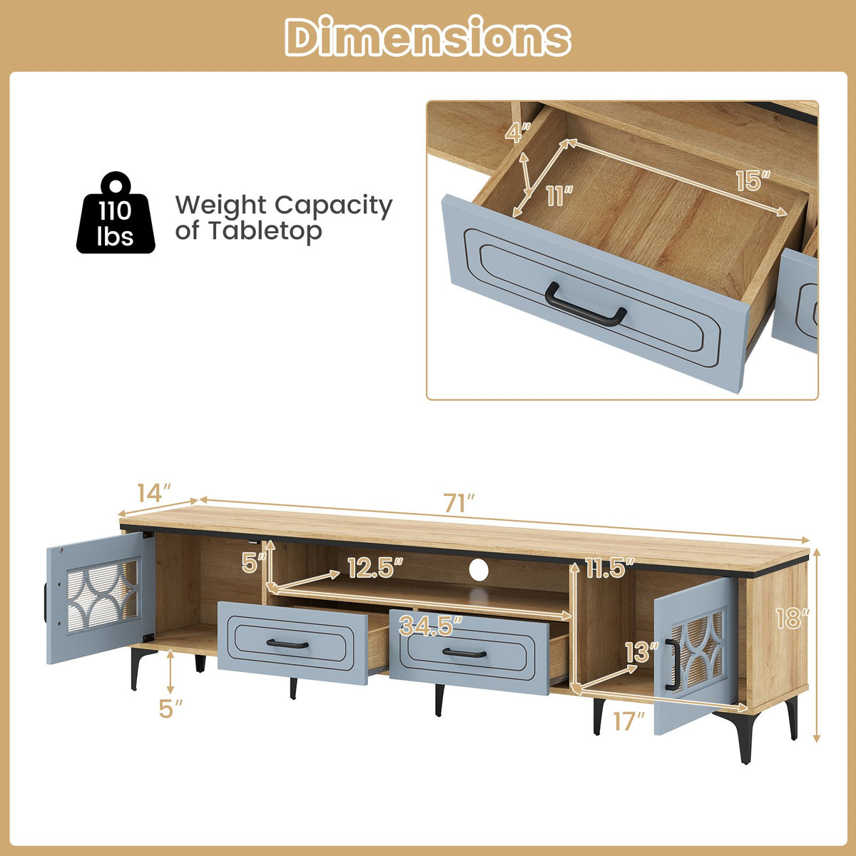 Farmhouse TV Stand for TVs up to 80 Inch with 2 Drawers-Oak and Gray view 5