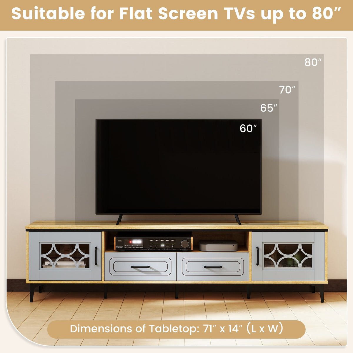 Farmhouse TV Stand for TVs up to 80 Inch with 2 Drawers-Oak and Gray view 6