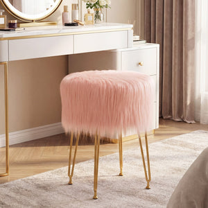 Faux Fur Vanity Stool Chair with Metal Legs for Bedroom and Living Room-Pink view 2