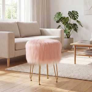 Faux Fur Vanity Stool Chair with Metal Legs for Bedroom and Living Room-Pink view 3