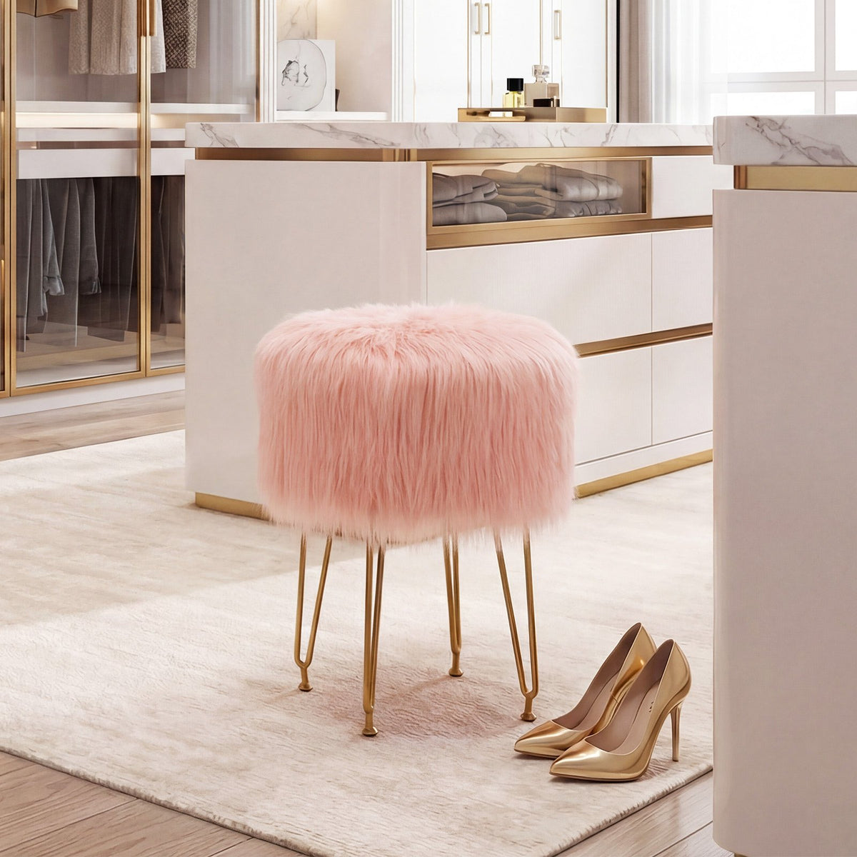 Faux Fur Vanity Stool Chair with Metal Legs for Bedroom and Living Room-Pink view 6