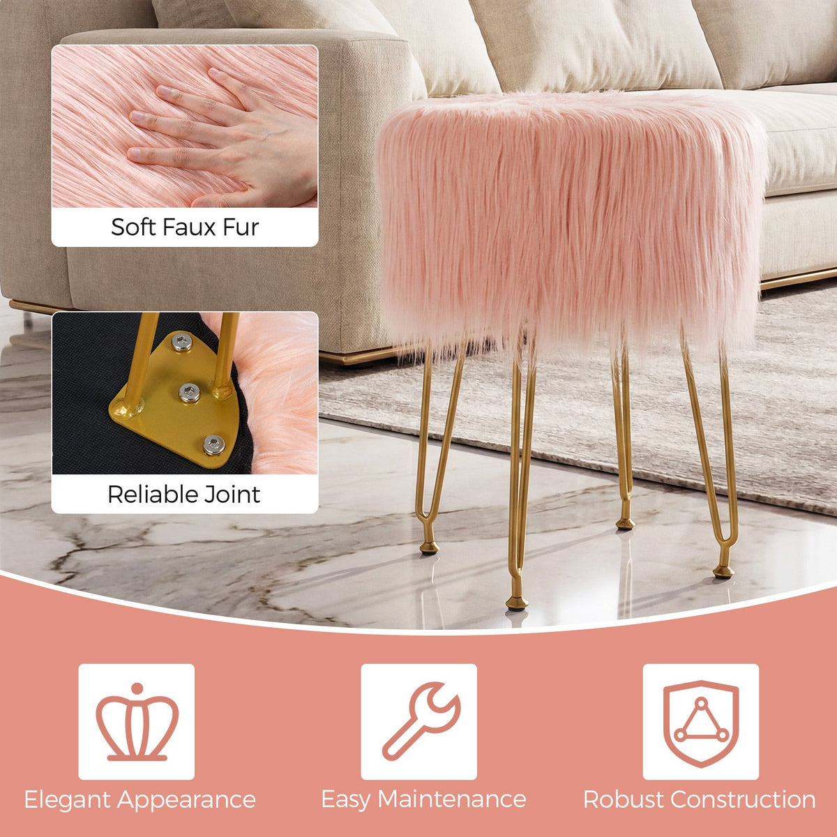 Faux Fur Vanity Stool Chair with Metal Legs for Bedroom and Living Room-Pink view 7